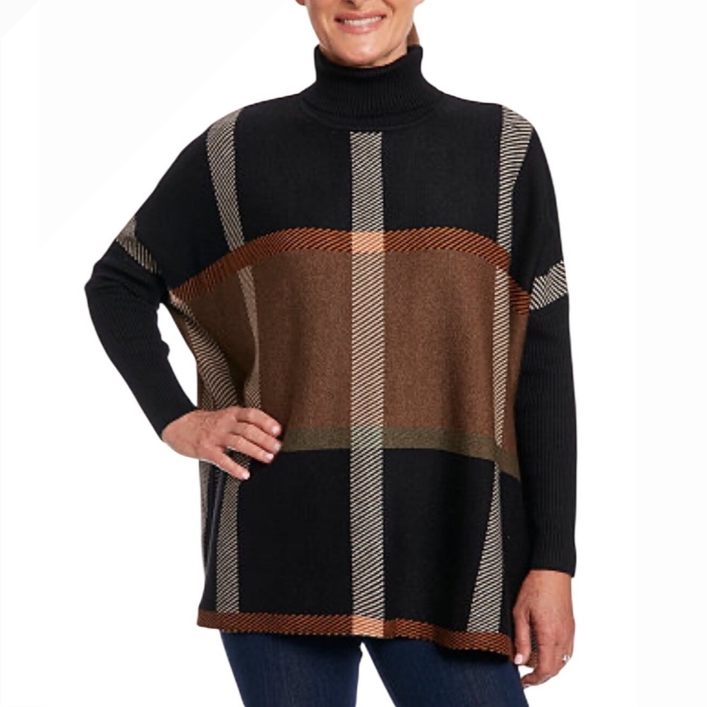 Joseph.A Women's Turtleneck Poncho Sweater Plaid Chocolate‎ Black Medium